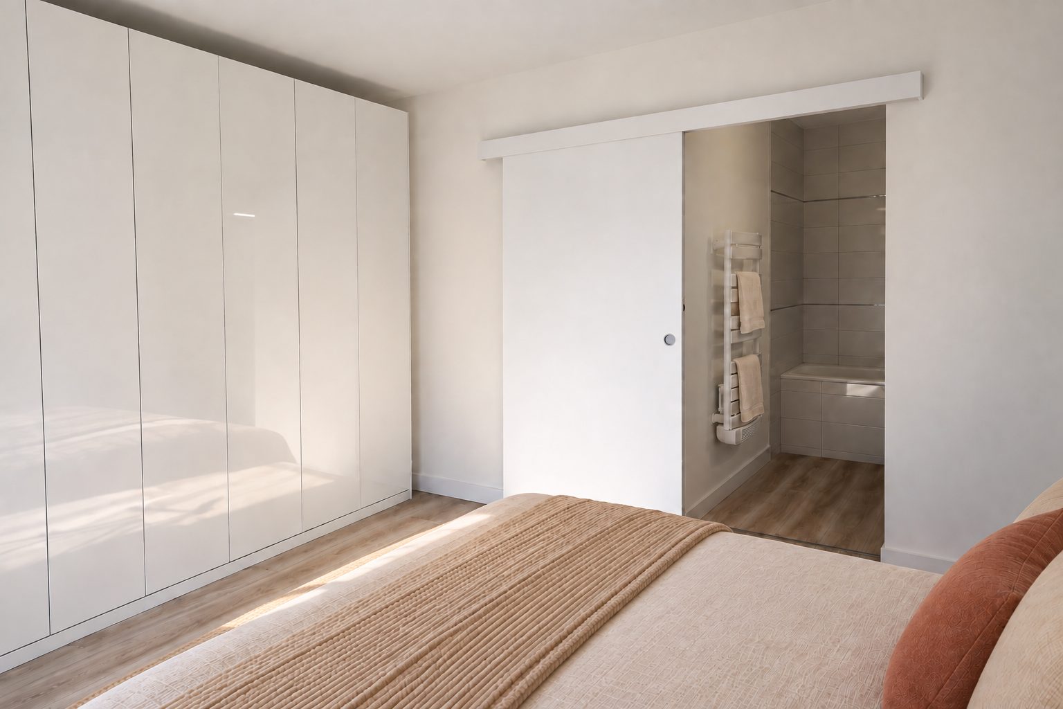 Appartement J. — Réhabilitation — Le dressing et la porte coulissante de la salle de bains