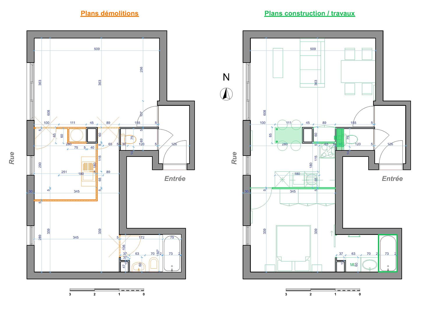 Appartement J. — Réhabilitation — Plans de démolition et de construction