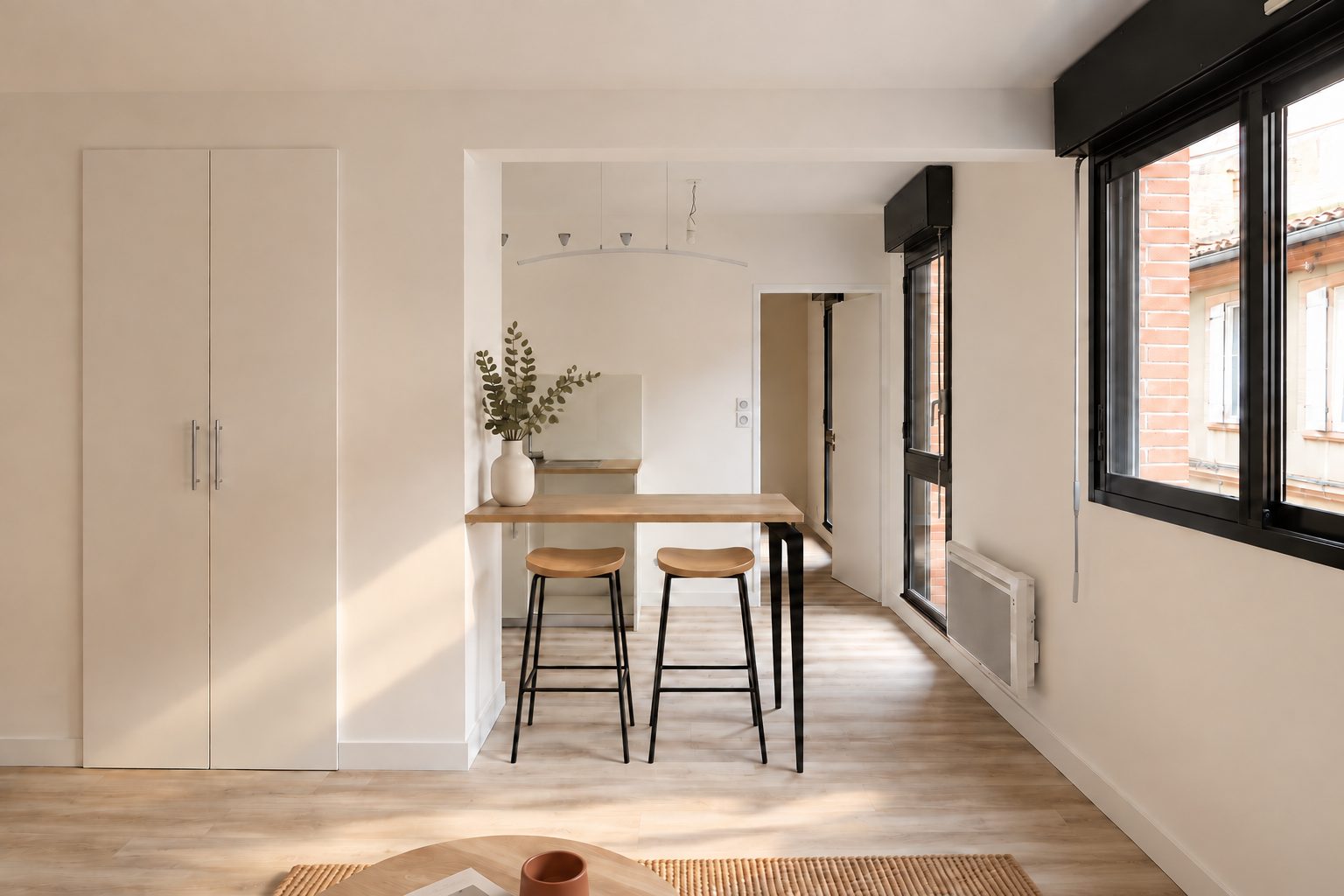 Appartement J. — Réhabilitation — Depuis le salon, la cuisine semi-ouverte et sa table haute