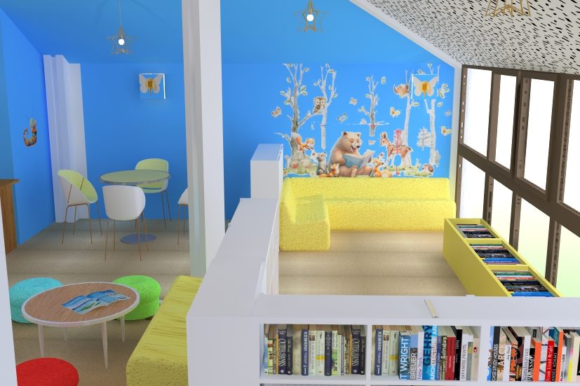 Centre de loisirs de la Forêt de Bouconne — Le coin lecture et son mobilier — image de conception