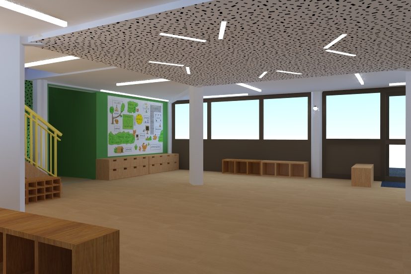 Centre de loisirs de la Forêt de Bouconne — La salle d’accueil, thème forêt — image de conception
