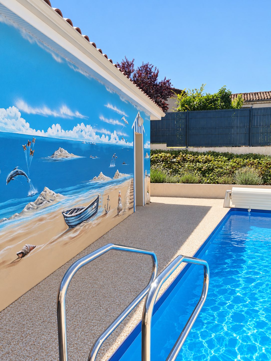 Maison G. — Aménagements extérieurs & piscine — La fresque marine depuis l’échelle du bassin