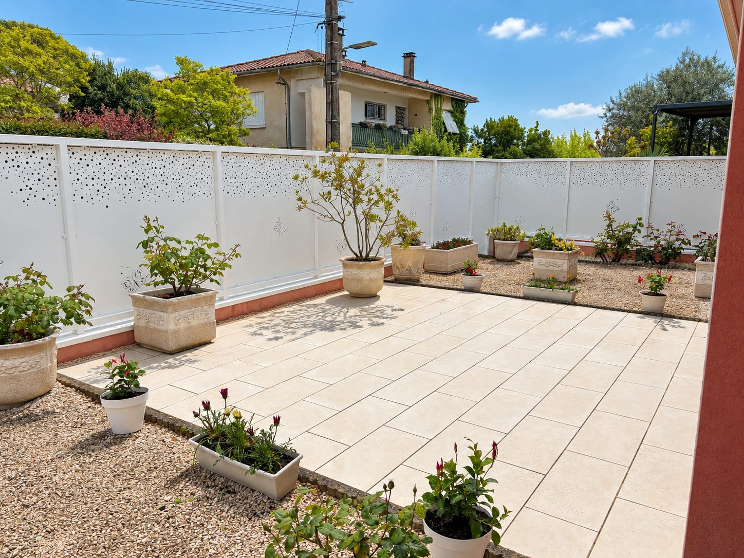 Cour plantée et terrasse d'une maison individuelle dans le Gers
